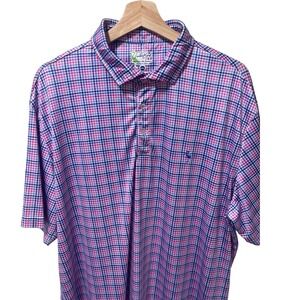 TailorByrd Mens XXL Pink Blue Plaid Performance‎ Polo Shirt Flamingo Logo